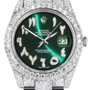 Diamond Iced Out Rolex Datejust 41 | 25 Carats Of Diamonds | Custom Green Arabic Numeral Diamond Dial | Two Row | Oyster Band