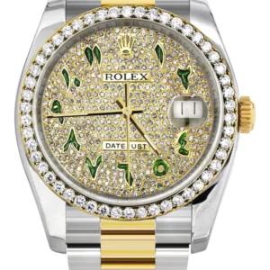 116233 | Diamond Gold Rolex Watch For Men | 36MM | Green Arabic Diamond Dial | Oyster Band