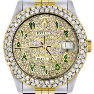 Diamond Gold Rolex Watch For Men 16233 | 36Mm | Diamond Green Arabic Dial | Two Row 4.25 Carat Bezel | Jubilee Band