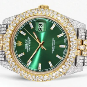 Diamond Iced Out Rolex Datejust 41 | 25 Carats Of Diamonds | Custom Green Diamond Dial | Two Tone | Two Row | Jubilee Band
