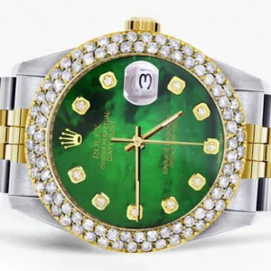 Diamond Gold Rolex Watch For Men 16233 | 36Mm | Green Mother of Pearl Dial | Two Row 4.25 Carat Bezel | Jubilee Band