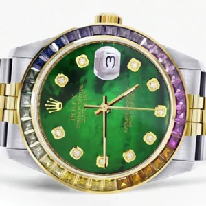 Diamond Gold Rolex Watch For Men 16233 | 36Mm | Rainbow Sapphire Bezel | Green Mother Of Pearl Dial | Jubilee Band
