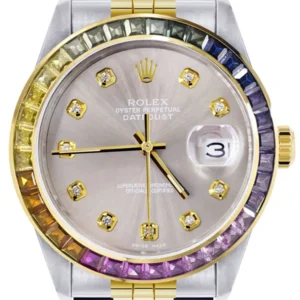 Diamond Gold Rolex Watch For Men 16233 | 36Mm | Rainbow Sapphire Bezel | Grey Dial | Jubilee Band