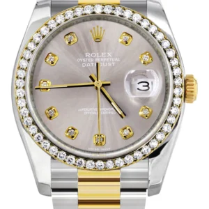 116233 | Diamond Gold Rolex Watch For Men | 36Mm | Gray Dial | Oyster Band