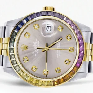 Diamond Gold Rolex Watch For Men 16233 | 36Mm | Rainbow Sapphire Bezel | Grey Dial | Jubilee Band
