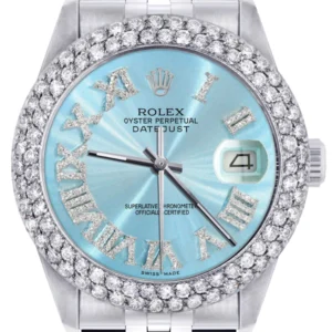 Mens Rolex Datejust Watch 16200 | 36Mm | Light Blue Roman Numeral Dial | Two Row 4.25 Carat Bezel | Jubilee Band