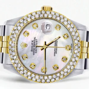 Diamond Gold Rolex Watch For Men 16233 | 36Mm | Mother of Pearl Dial | Two Row 4.25 Carat Bezel | Jubilee Band