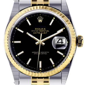 Diamond Rolex Datejust | 18K Yellow Gold and Stainless Steel | Fluted Gold Bezel | 36 MM | Black Stick Dial