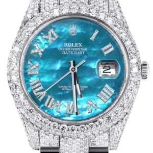 Diamond Iced Out Rolex Datejust 41 | 25 Carats Of Diamonds | Aquamarine Mother of Pearl Dial | Two Row | Oyster Band