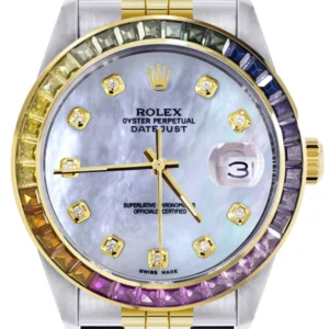 Diamond Gold Rolex Watch For Men 16233 | 36Mm | Rainbow Sapphire Bezel | Mother Of Pearl Dial | Jubilee Band