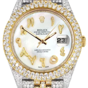 Diamond Iced Out Rolex Datejust 41 | 25 Carats Of Diamonds | Custom Mother of Pearl Arabic Numeral Diamond Dial | Two Tone | Two Row | Jubilee Band