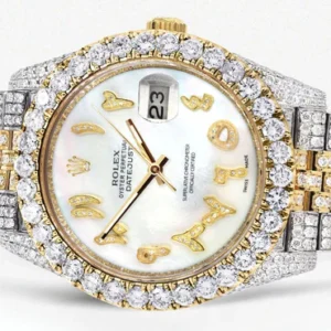 Diamond Iced Out Rolex Datejust 41 | 25 Carats Of Diamonds | Custom Mother of Pearl Arabic Numeral Diamond Dial | Two Tone | Jubilee Band