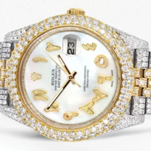 Diamond Iced Out Rolex Datejust 41 | 25 Carats Of Diamonds | Custom Mother of Pearl Arabic Numeral Diamond Dial | Two Tone | Two Row | Jubilee Band