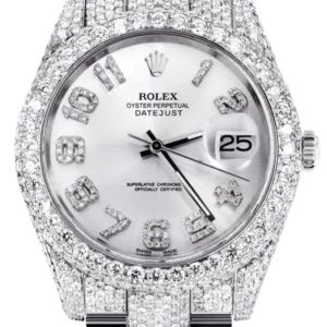 Diamond Iced Out Rolex Datejust 41 | 25 Carats Of Diamonds | Custom Silver Diamond Dial | Two Row | Oyster Band