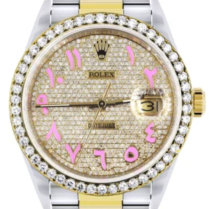 Diamond Gold Rolex Watch For Men 16233 | 36Mm | Custom Pink Arabic Full Diamond Dial | Oyster Band
