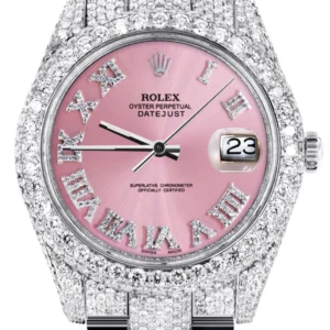 Diamond Iced Out Rolex Datejust 41 | 25 Carats Of Diamonds | Custom Pink Roman Numeral Diamond Dial | Two Row | Oyster Band