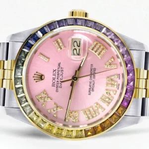 Diamond Gold Rolex Watch For Men 16233 | 36Mm | Rainbow Sapphire Bezel | Diamond Pink Roman Numeral Dial | Jubilee Band