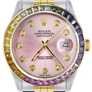 Diamond Gold Rolex Watch For Men 16233 | 36Mm | Rainbow Sapphire Bezel | Pink Dial | Jubilee Band