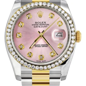 116233 | Diamond Gold Rolex Watch For Men | 36Mm | Pink Dial | Oyster Band
