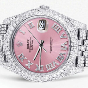 Diamond Iced Out Rolex Datejust 41 | 25 Carats Of Diamonds | Custom Pink Roman Numeral Diamond Dial | Two Row | Jubilee Band