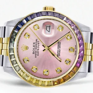 Diamond Gold Rolex Watch For Men 16233 | 36Mm | Rainbow Sapphire Bezel | Pink Dial | Jubilee Band