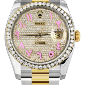 116233 | Diamond Gold Rolex Watch For Men | 36MM | Pink Arabic Diamond Dial | Oyster Band