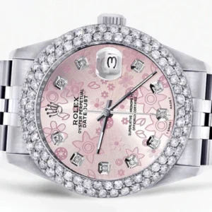 Mens Rolex Datejust Watch 16200 | 36Mm | Pink Flower Dial | Two Row 4.25 Carat Bezel | Jubilee Band