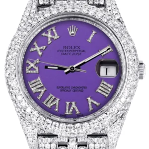 Diamond Iced Out Rolex Datejust 41 | 25 Carats Of Diamonds | Custom Purple Roman Numeral Diamond Dial | Two Row | Jubilee Band