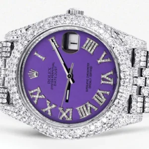 Diamond Iced Out Rolex Datejust 41 | 25 Carats Of Diamonds | Custom Purple Roman Numeral Diamond Dial | Two Row | Jubilee Band