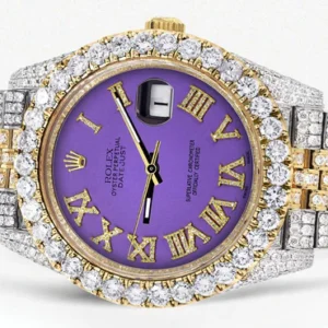 Diamond Iced Out Rolex Datejust 41 | 25 Carats Of Diamonds | Custom Purple Roman Numeral Diamond Dial | Two Tone | Jubilee Band
