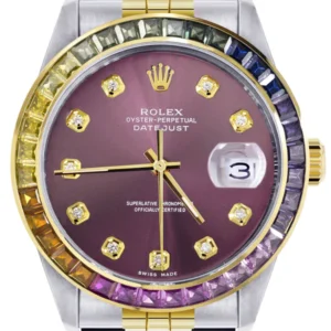 Diamond Gold Rolex Watch For Men 16233 | 36Mm | Rainbow Sapphire Bezel | Purple Dial | Jubilee Band