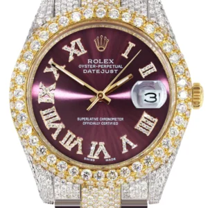 Diamond Iced Out Rolex Datejust 41 | 25 Carats Of Diamonds | Purple Roman Numeral Dial | Two Tone | Two Row | Oyster Band