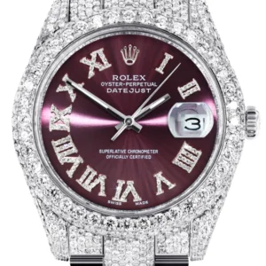 Diamond Iced Out Rolex Datejust 41 | 25 Carats Of Diamonds | Purple Roman Numeral Dial | Two Row | Oyster Band