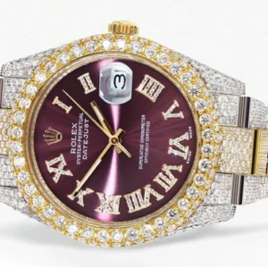Diamond Iced Out Rolex Datejust 41 | 25 Carats Of Diamonds | Purple Roman Numeral Dial | Two Tone | Two Row | Oyster Band