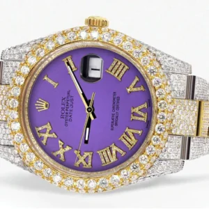 Diamond Iced Out Rolex Datejust 41 | 25 Carats Of Diamonds | Custom Purple Roman Numeral Diamond Dial | Two Tone | Two Row | Oyster Band