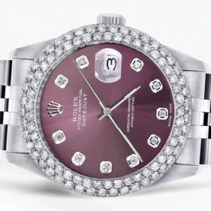Mens Rolex Datejust Watch 16200 | 36Mm | Purple Dial | Two Row 4.25 Carat Bezel | Jubilee Band