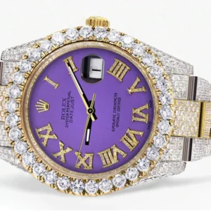 Diamond Iced Out Rolex Datejust 41 | 25 Carats Of Diamonds | Custom Purple Roman Numeral Diamond Dial | Two Tone | Oyster Band