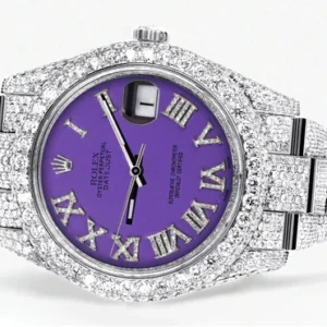 Diamond Iced Out Rolex Datejust 41 | 25 Carats Of Diamonds | Custom Purple Roman Numeral Diamond Dial | Two Row | Oyster Band