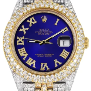Diamond Iced Out Rolex Datejust 41 | 25 Carats Of Diamonds | Custom Royal Blue Roman Numeral Diamond Dial | Two Tone | Two Row | Jubilee Band