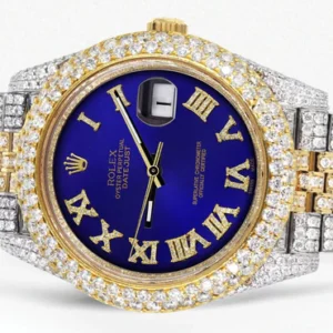 Diamond Iced Out Rolex Datejust 41 | 25 Carats Of Diamonds | Custom Royal Blue Roman Numeral Diamond Dial | Two Tone | Two Row | Jubilee Band