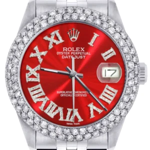 Mens Rolex Datejust Watch 16200 | 36Mm | Red Roman Numeral Dial | Two Row 4.25 Carat Bezel | Jubilee Band