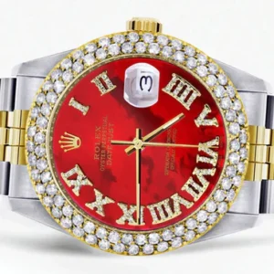 Diamond Gold Rolex Watch For Men 16233 | 36Mm | Red Mother of Pearl Roman Numeral Dial | Two Row 4.25 Carat Bezel | Jubilee Band