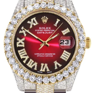 Diamond Iced Out Rolex Datejust 41 | 25 Carats Of Diamonds | Custom Red Black Roman Numeral Dial | Two Tone | Oyster Band