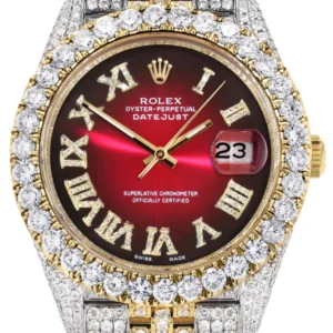 Diamond Iced Out Rolex Datejust 41 | 25 Carats Of Diamonds | Custom Red Black Dial | Two Tone | Jubilee Band