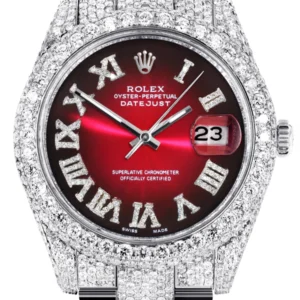 Diamond Iced Out Rolex Datejust 41 | 25 Carats Of Diamonds | Red Black Roman Numeral Dial | Two Row | Oyster Band