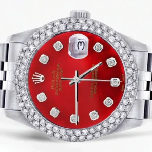 Mens Rolex Datejust Watch 16200 | 36Mm | Red Dial | Two Row 4.25 Carat Bezel | Jubilee Band