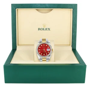 116233 | Diamond Gold Rolex Watch For Men | 36Mm | Red Dial | Oyster Band