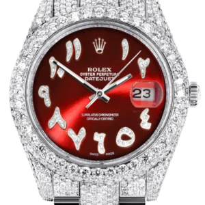 Diamond Iced Out Rolex Datejust 41 | 25 Carats Of Diamonds | Custom Red Arabic Numeral Diamond Dial | Two Row | Oyster Band