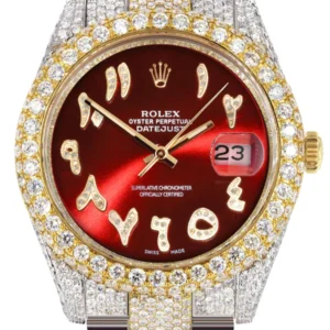 Diamond Iced Out Rolex Datejust 41 | 25 Carats Of Diamonds | Custom Red Arabic Numeral Diamond Dial | Two Tone | Two Row | Oyster Band