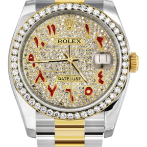 116233 | Diamond Gold Rolex Watch For Men | 36MM | Red Arabic Diamond Dial | Oyster Band